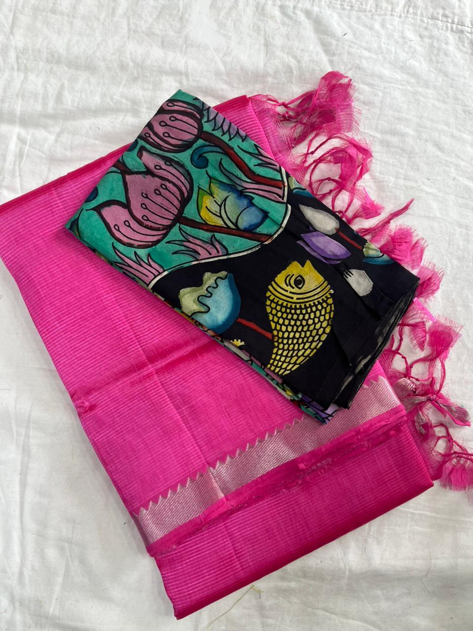 Peach Handloom Mangalagiri Pattu  with a Pen Kalamkari Blouse  Cotton Saree